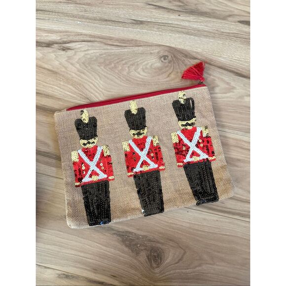 Olive & Hill Womens Nutcracker Soldier Sequin Burlap Tote and Lined Pouch Bag - Picture 3 of 8